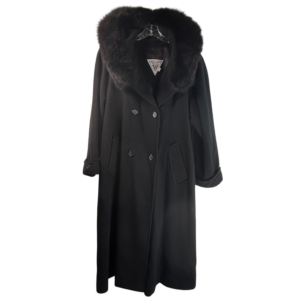 J Percy Marvin Richards Black Wool Hooded Coat Faux Fur Trim Double Breasted 10